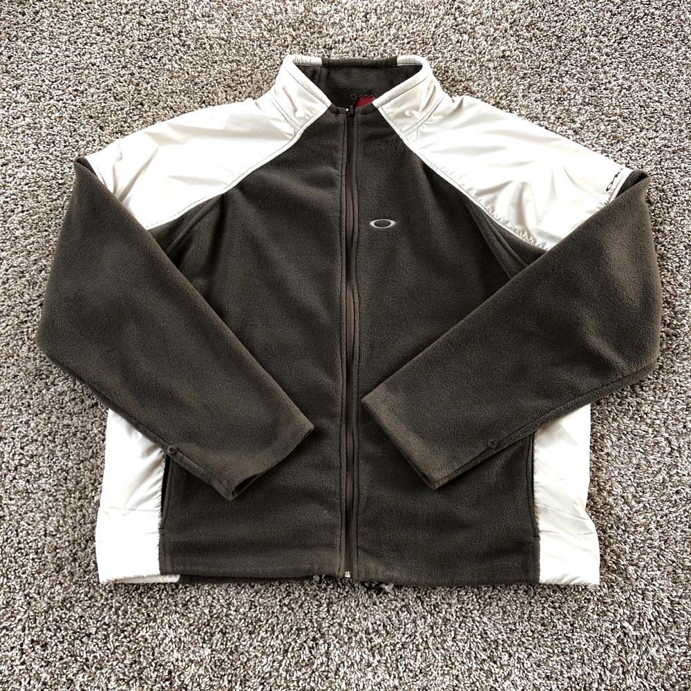 Vintage Oakley Fleece Jacket Men XL Brown Cream Earth Tone Colorblock Zip Up Y2K